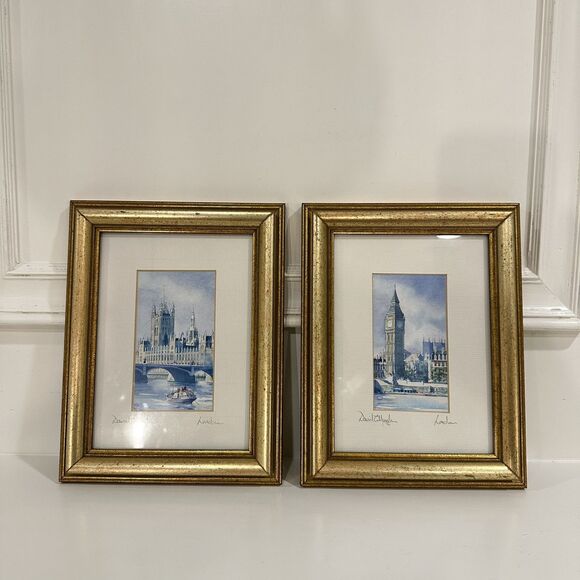 2 DAVID EDDINGTON vintage watercolour/lithograph of London Skyline Signed